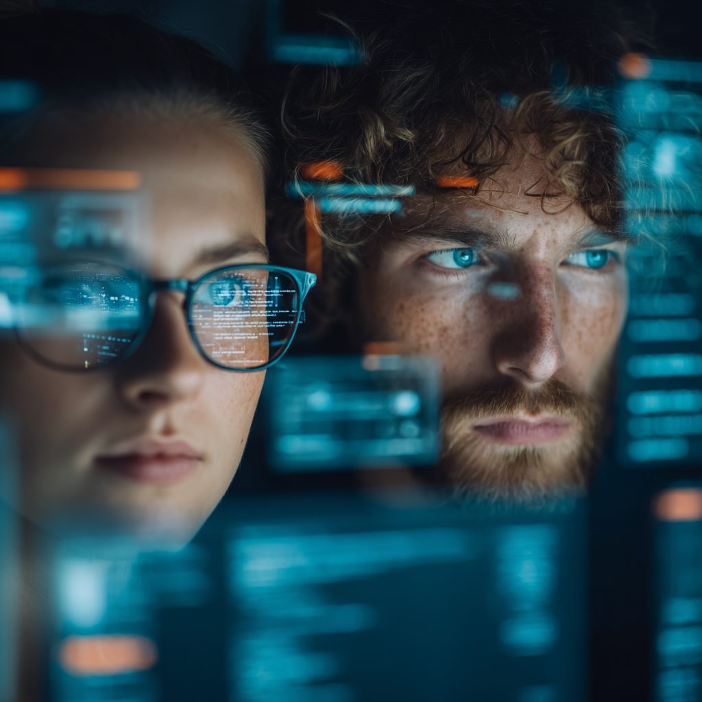 Image of two people looking at a screen